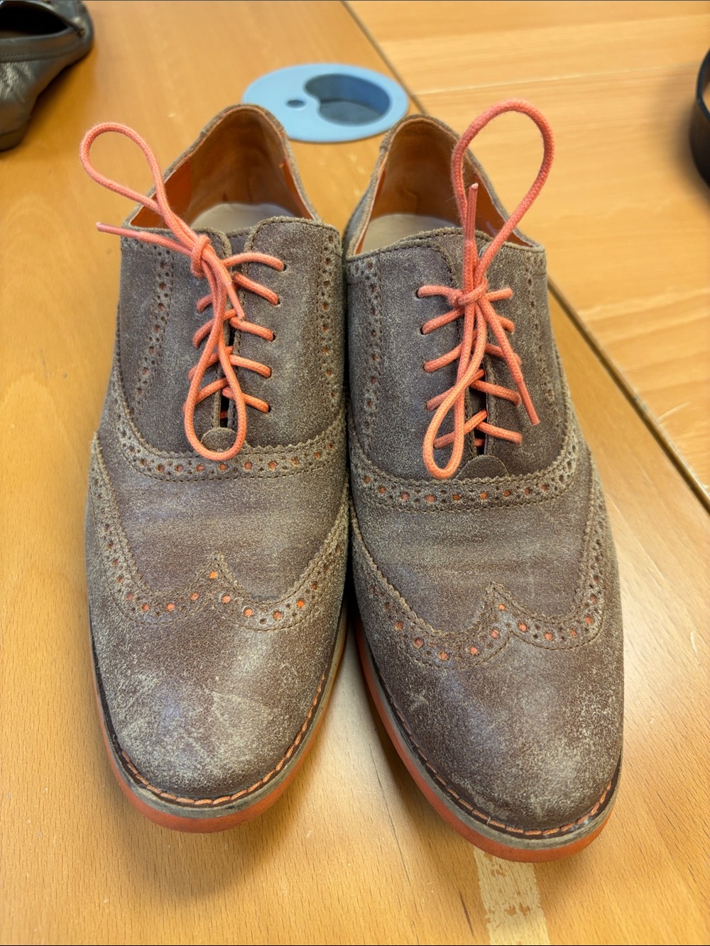 Cole Haan Brown Suede Wingtip Oxfords with Coral Laces